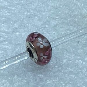 Pandora, “ Pink & White Flowers “ With a Brown Base Murano Glass Charm M25-5
